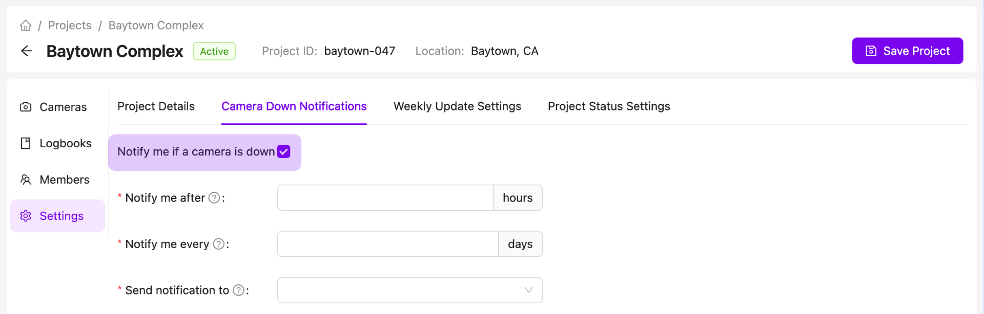 Project Camera Down Notification Settings