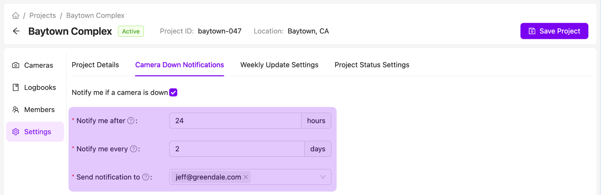 Project Camera Down Notification Settings